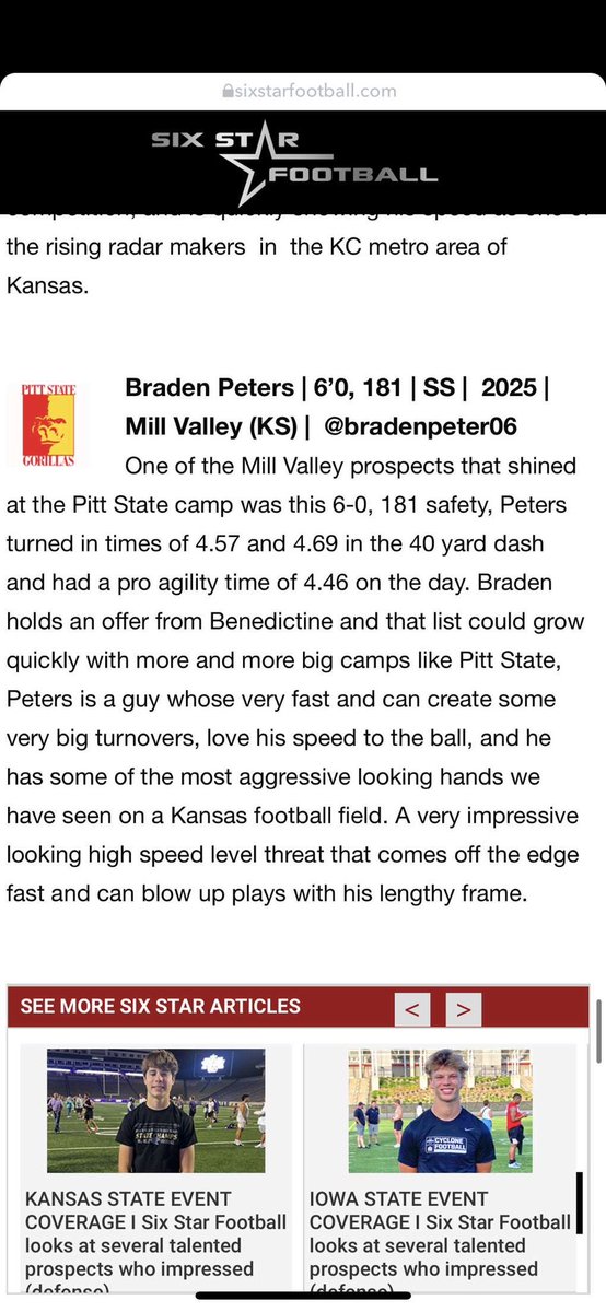 Thank you <a href="/sixstarfootball/">Six Star Football | PLUS+</a> for the write up! <a href="/MVJagRecruiting/">Mill Valley Football Recruits</a> <a href="/GorillasFB/">Pitt State Football</a>