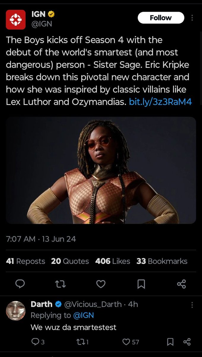 The reactions to The Acolyte &amp; Sister Sage from The Boys is exactly why idgaf if ppl racebend 99% of white characters to black. I don't care and will never care. These are non bent original characters &amp; yet they still getting subtle antiblack remarks.