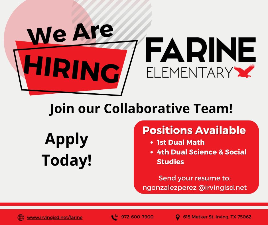 Farine Elementary (@es_farine) on Twitter photo Do you want to be part of a collaborative team that serves amazing students and supportive families? Want to be part of something great? Apply today - linktr.ee/FarineES <a href="/IrvingISD/">Irving ISD</a> Do you want to be part of a collaborative team that serves amazing students and supportive families? Want to be part of something great? Apply today - linktr.ee/FarineES <a href="/IrvingISD/">Irving ISD</a>