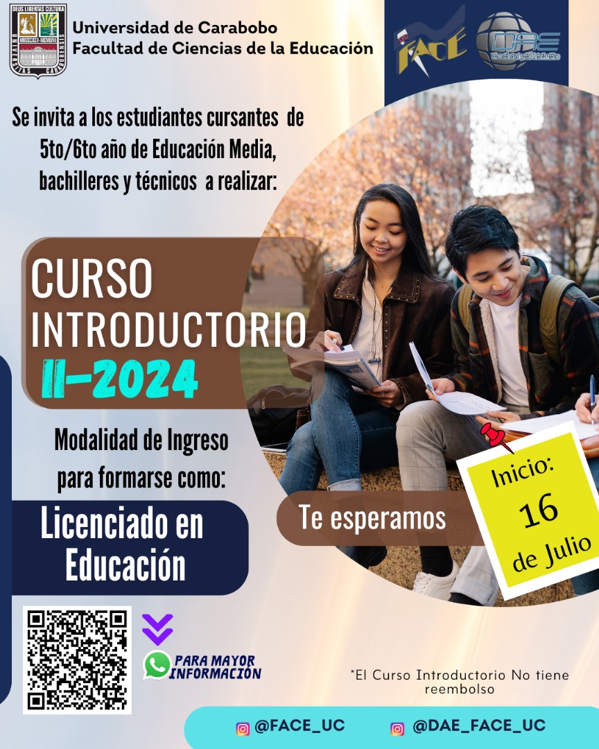 ¿Quieres ingresar a nuestra <a href="/FaCE_UC/">FaCE-UC</a> ? Esta información es para ti. Participa en el Curso Introductorio 2-2024 como modalidad de ingreso. Para mayor información visita dae.face.uc.edu.ve
#FaCEActiva #FaCEHumanista #Academia #Inclusión #Dialogo