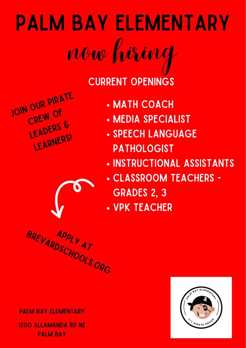 🏴‍☠️ Sail away with our Li’l Pirate Crew for the 2024-25 school year. 🏴‍☠️
We are looking for new crew members who believe in high expectations and are committed to excellence! 
Check out our openings and apply at brevardschools.org/o/bps/page/cur… if you are interested! 
#LilPirateProud
