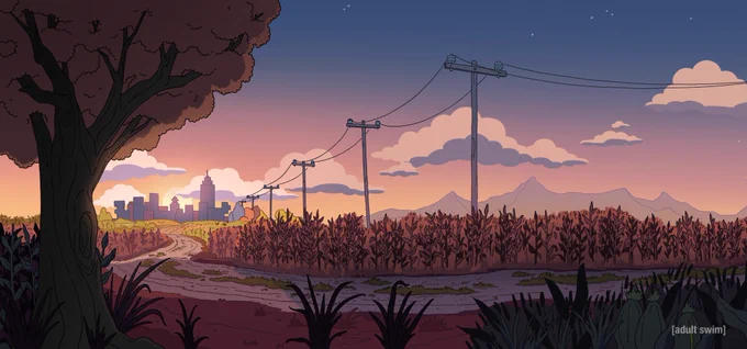 Designed the cornfield for S2 ep 6 of Smiling Friends. I THINK the night color pass were mine but the sunset drive was color passed by someone else! 
