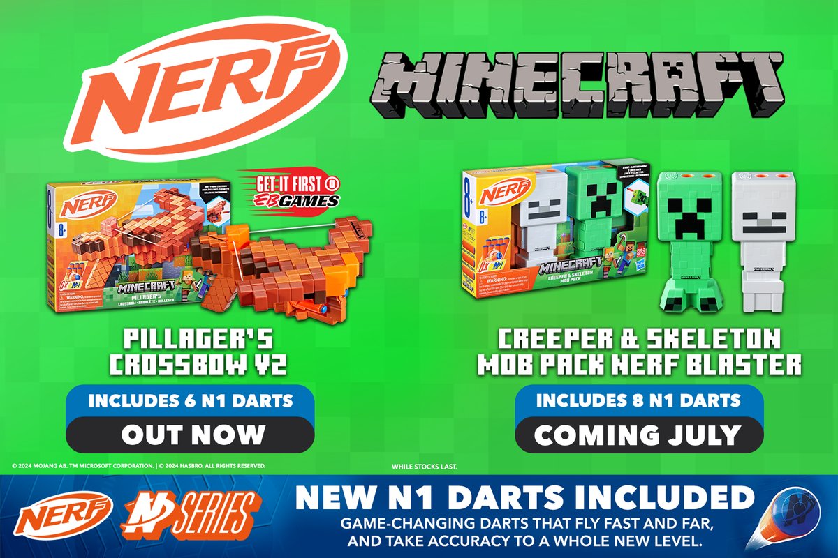 EBGamesAus's tweet photo. Unleash blocky mayhem with the ALL-NEW Hasbro Nerf x Minecraft Pillager's Crossbow with game-changing N1 Darts included, OUT NOW!
Are you ready #NerfNation? https://t.co/Yl3Lt4U7vS https://t.co/HMVP491bNy