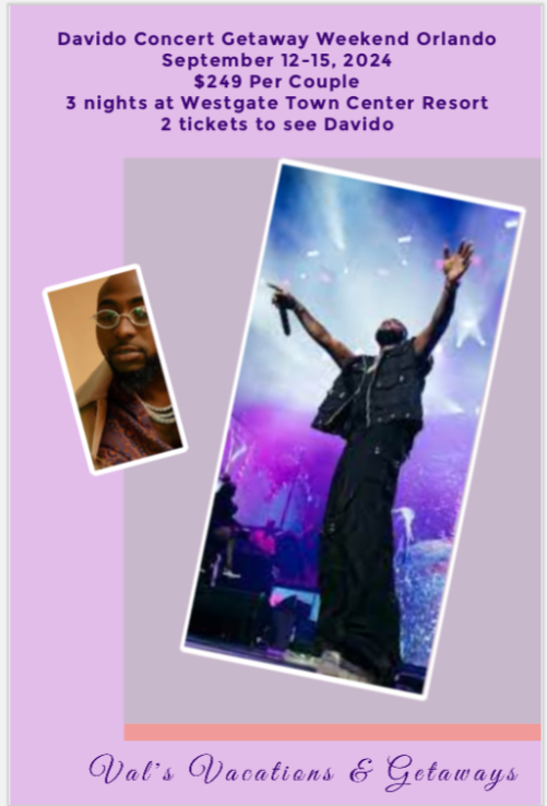 RisingStar1967's tweet image. Davido Concert Getaway Weekend in Orlando, FL!
3 Nights + 2 Tickets at Westgate Town Center Resort for $249 per couple.
Book now: 
Call 1-800-235-1939, code: 37151380450.
🎉 #DavidoConcert #GetawayWeekend 🎶 westgateevents.com/events/davido-…