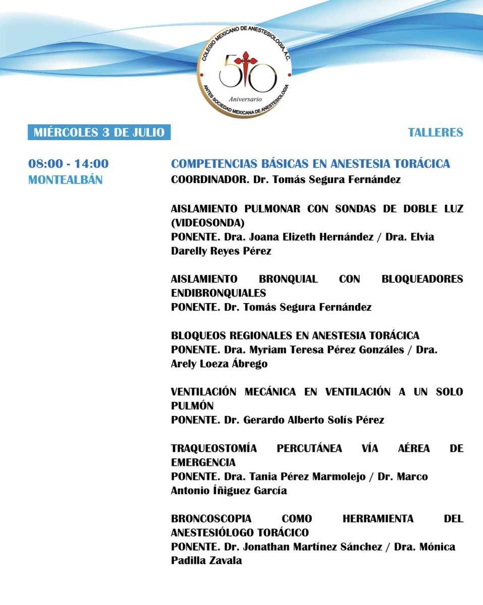 gerardosolisp's tweet photo. Los invitamos este 2 y 3 de Julio a participar en el módulo y taller de Anestesia Torácica. 
Coordinador: Dr. Tomás Segura Fernández.

Aprendamos a manejar la intubación selectiva, bloqueadores bronquiales y la ventilación mecánica unipulmonar 

Gracias al @COMEXANEAC https://t.co/Mr9SmvfClO