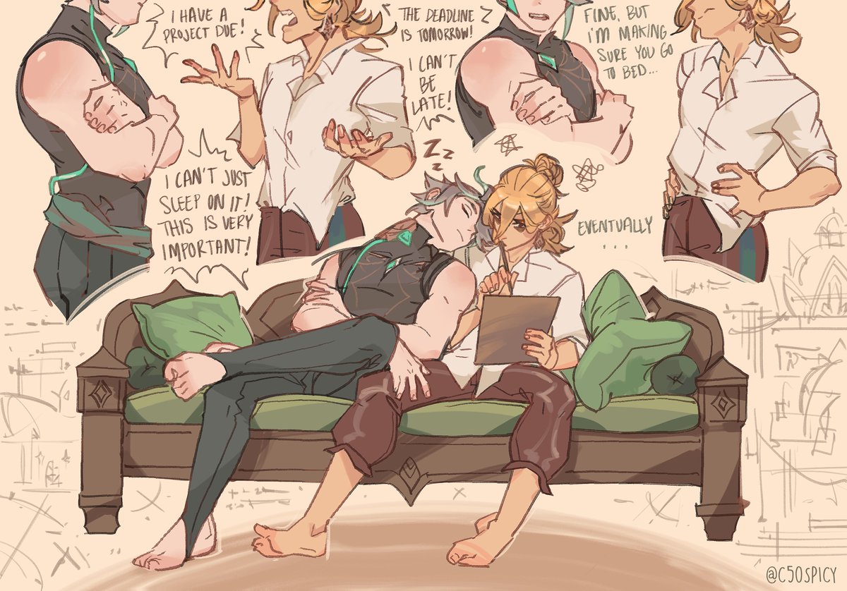 ”This can’t wait! It’s due tomorrow!” 
“Fine, but I’m making sure you go to bed…
eventually…”  

#haikaveh #alhaitham #kaveh #genshin