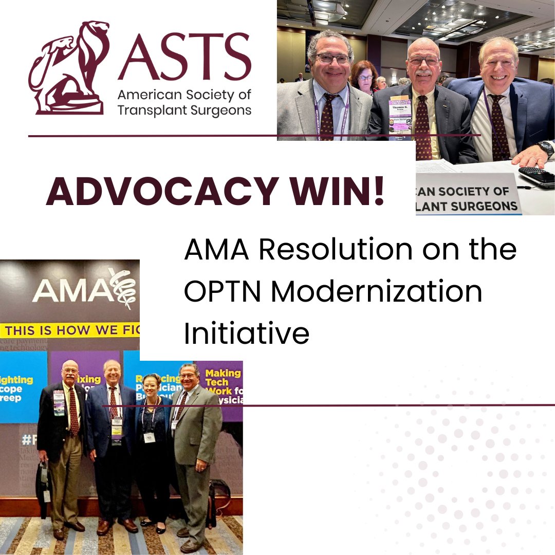 Advocacy win! ASTS passed a resolution at the AMA for the OPTN to stay a public-private partnership with a Board of stakeholders. Kudos to Stuart Greenstein, MD, Kenneth Andreoni, MD, and Emily Besser for their outstanding work! Read the full resolution: bit.ly/4aYAXEY