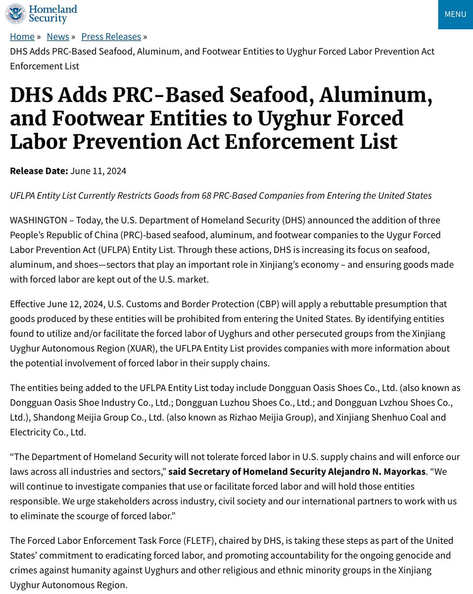 GuoLibrary3's tweet photo. The #US @DHSgov announced the addition of 3 #China-based seafood, aluminum and footwear COs to the #Uygur #ForcedLabor Prevention Act #EntityList, effective on Jun 12.
So far UFLPA Entity List restricts goods from 68 China-based COs from entering the US.
https://t.co/AyGML6thxU https://t.co/x6j3nEDJXx
