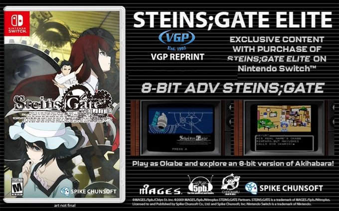 VideoGamesPlus_'s tweet photo. Stein's Gate Elite for the #NintendoSwitch is getting the #VGPReprint treatment! 
$54.99 / 39.99 USD ETA: June 2024

Reserve: https://t.co/zLptOWwS6y

Reprint Includes 8-Bit Adv Steins; Gate voucher code 
#VGP #SteinsGate #NSW #videogames