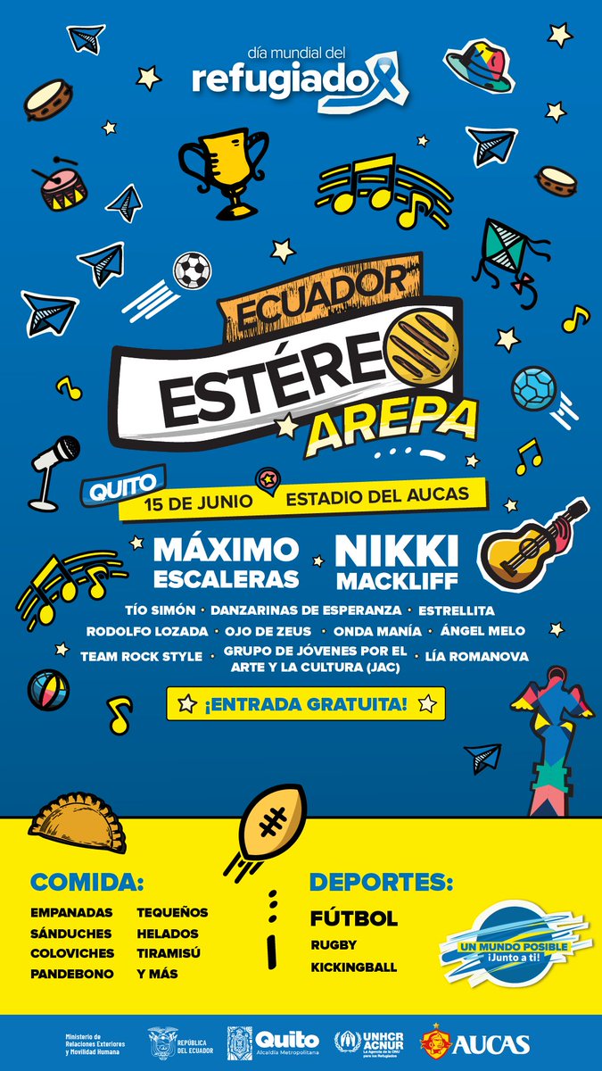ACNUR Ecuador (@acnurecuador) on Twitter photo Se acerca el #DíaMundialDelRefugiado. Este año los invitamos a "Estéreo Arepa", un festival deportivo, gastronómico y musical.
Les esperamos este sábado 15 de junio en el Estadio del <a href="/Aucas45/">S. D. Aucas Oficial</a>.
Obtén tu entrada bit.ly/EstereoArepa
<a href="/MunicipioQuito/">Municipio de Quito</a> <a href="/CancilleriaEc/">Cancillería del Ecuador 🇪🇨</a> Se acerca el #DíaMundialDelRefugiado. Este año los invitamos a "Estéreo Arepa", un festival deportivo, gastronómico y musical.
Les esperamos este sábado 15 de junio en el Estadio del <a href="/Aucas45/">S. D. Aucas Oficial</a>.
Obtén tu entrada bit.ly/EstereoArepa
<a href="/MunicipioQuito/">Municipio de Quito</a> <a href="/CancilleriaEc/">Cancillería del Ecuador 🇪🇨</a>