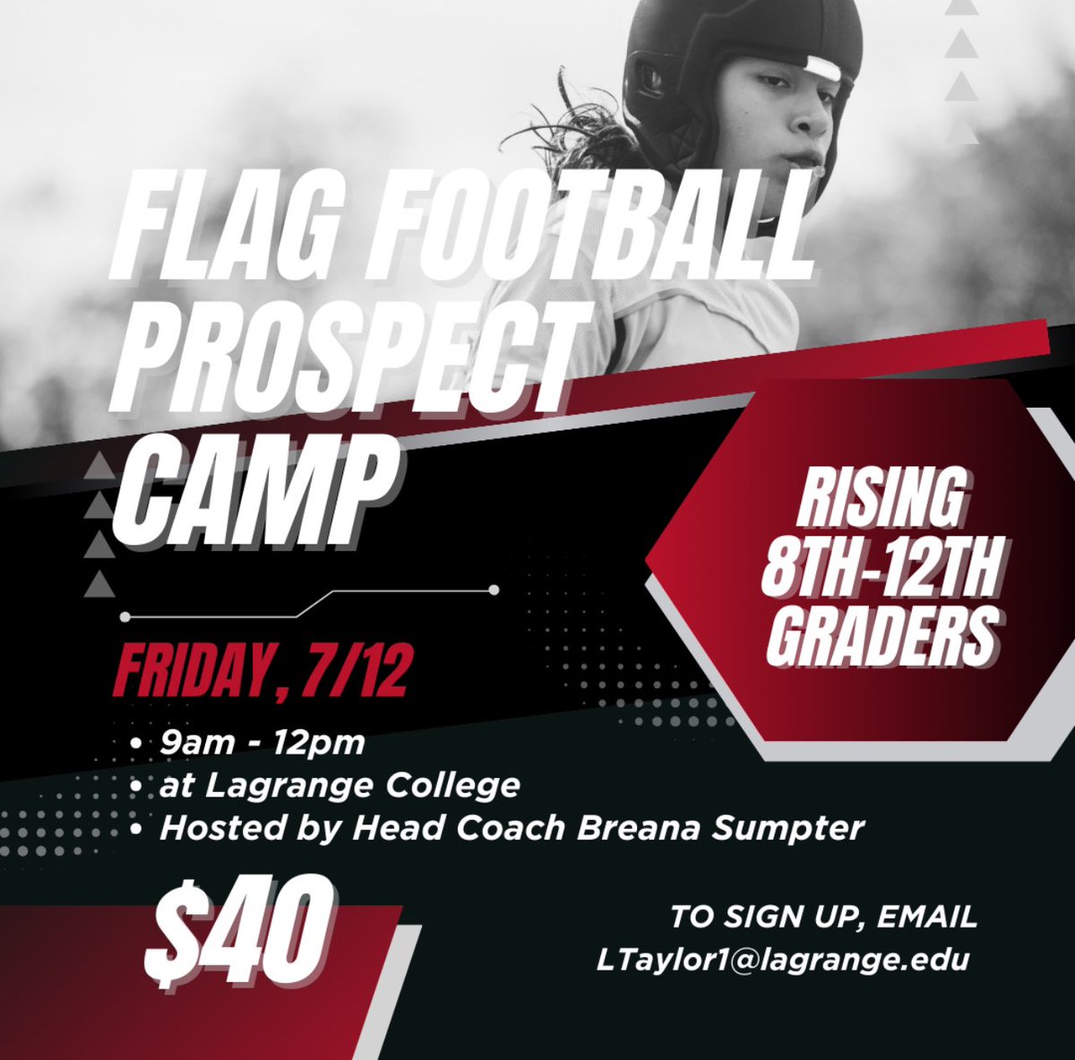 The Inaugural <a href="/LCPanthersFlag/">Lagrange College Flag Football</a> flag football prospect camp is July 12th!  Email Coach Taylor (ltaylor1@lagrange.edu) to register! <a href="/GFFCA_/">Georgia Flag Football Coaches Association</a> <a href="/usaflagfootball/">USA Flag</a> <a href="/CCC_FlagFB/">CCC Flag FB Tourney</a> <a href="/USNFT/">U.S. National Football Team</a>