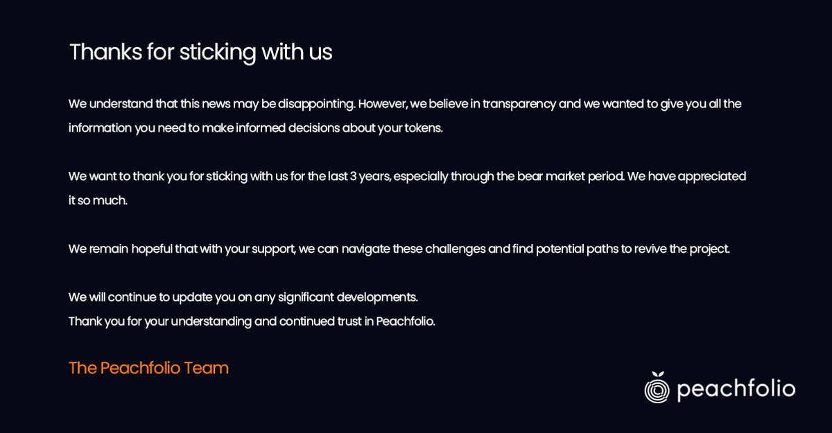 Peachfolio update. 

Sadly, it's not an update that we ever wanted to have to post. But it's where we are, and we wanted to be transparent with you.

Full details in our Telegram group.

#peachfolio $pchf