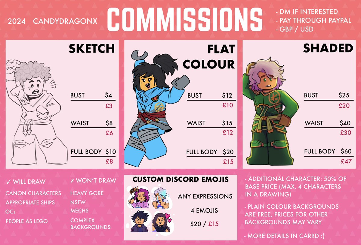 candydragonx's tweet photo. updated the comms sheet, back in business 🗣️

i think i’ll start with 3 slots at a time for twt and 3 for insta, and a waiting list in case slots are filled (gotta manage my workflow properly this time💀) 

#ninjago https://t.co/PungGLT790