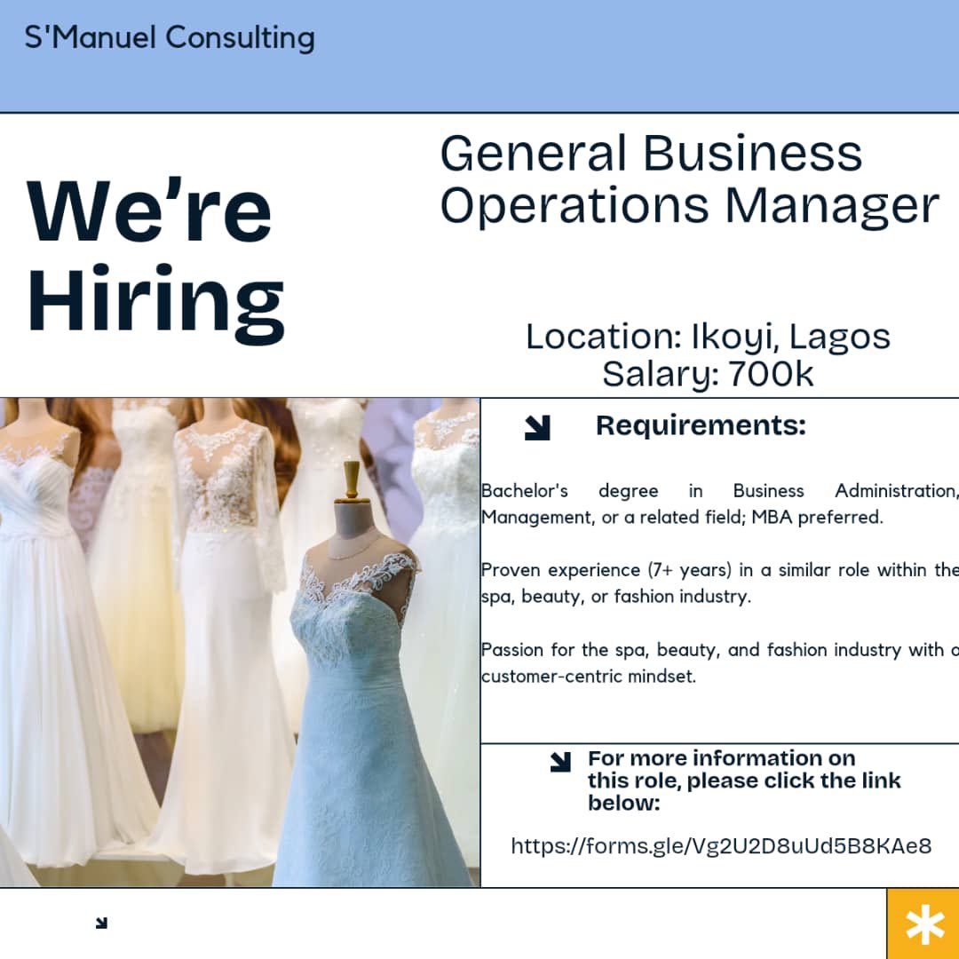 Urgent Roles to fill

1. General Business Operations Manager
2. Accountant 
3. Production Manager
4. Procurement Manager

Location: Ikoyi, Lagos

Job description attached

Salary very attractive 

Apply here 👇 please share 

forms.gle/Vg2U2D8uUd5B8K…