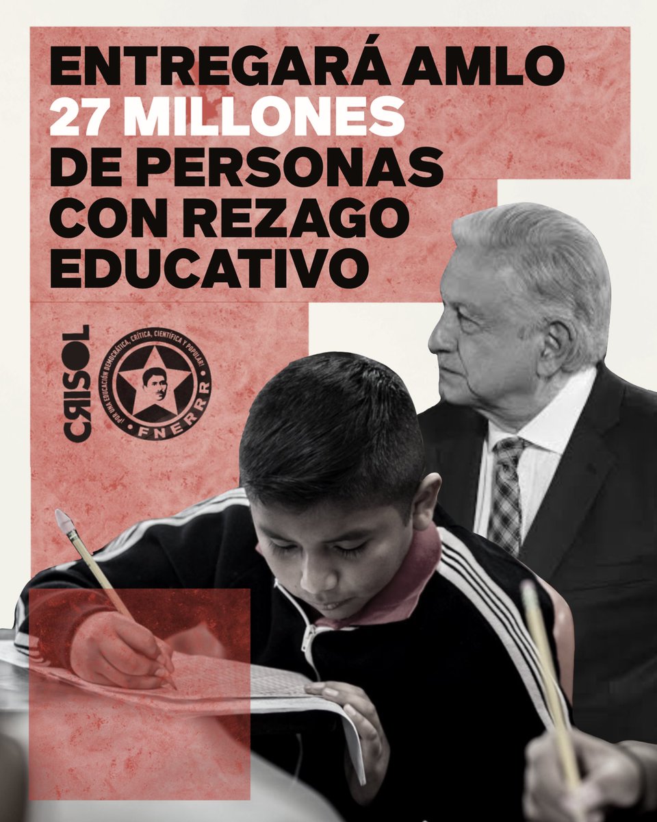 FNERRR_NACIONAL's tweet photo. 𝐄𝐧𝐭𝐫𝐞𝐠𝐚𝐫𝐚́ 𝐀𝐌𝐋𝐎 𝟐𝟕 𝐦𝐢𝐥𝐥𝐨𝐧𝐞𝐬 𝐝𝐞 𝐩𝐞𝐫𝐬𝐨𝐧𝐚𝐬 𝐜𝐨𝐧 𝐫𝐞𝐳𝐚𝐠𝐨 𝐞𝐝𝐮𝐜𝐚𝐭𝐢𝐯𝐨

• La FNERRR denuncia nulas políticas en el sexenio para resolver la crisis educativa.
 
🌐 Lee el boletín completo en: https://t.co/1wCLGplQCt https://t.co/fPl4iykrCn