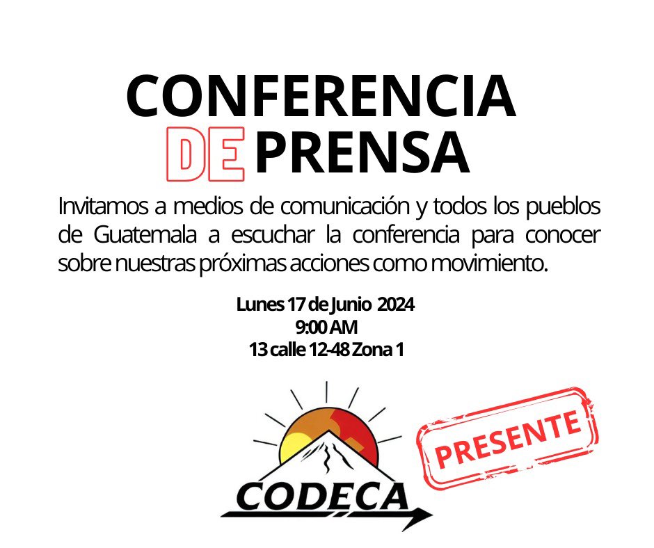 CodecaJuventud's tweet photo. 🚨El Comité de Desarrollo Campesino (CODECA)🚨

Hace la cordial invitación a los pueblos y medios de Guatemala a nuestra próxima conferencia de prensa. 📣📣

🌋 Los esperamos 🌋👀 https://t.co/AdYXxKhqKr