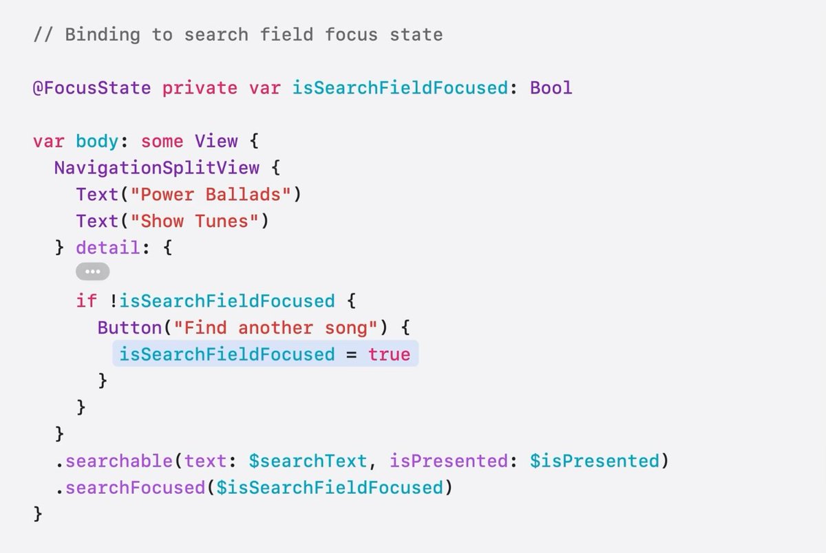 Binding to search field is a REALLY nice (and probably underrated) addition. Countless time to make a working custom and flexible alternative. #WWDC24 #SwiftUI #Xcode16