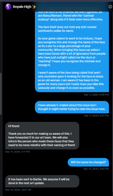yanfaee's tweet photo. Everyone in the RHTC, can we all please make an effort to email and DM the royale high support to call out their empty promises to remove a racial slur from their game, the report was sent MONTHS ago and despite the update now here, nothing has changed.

#royalehigh #RHTC https://t.co/p3ECUgisF1