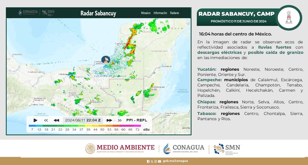 conagua_clima's tweet photo. Se prevén #Lluvias fuertes con #DescargasEléctricas y posible caída de #Granizo en regiones de #Yucatán, #Campeche, #Chiapas y #Tabasco. https://t.co/WDeQSuKtzd