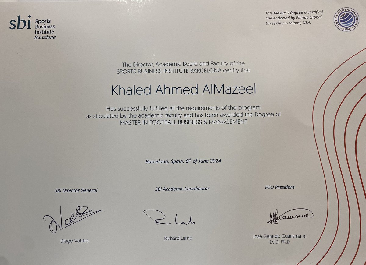 9Pkw9Z0S4H5gYGo's tweet photo. بفضل الله تم حصولي على الماجستير في إداره أعمال كره القدم من جامعه SBI في برشلونه
سائلًا الله ان ينفعني بما علمني وينفع بي وزملائي الذين كانوا معي وأتمنى لهم التوفيق والنجاح https://t.co/ufDup2tX6y