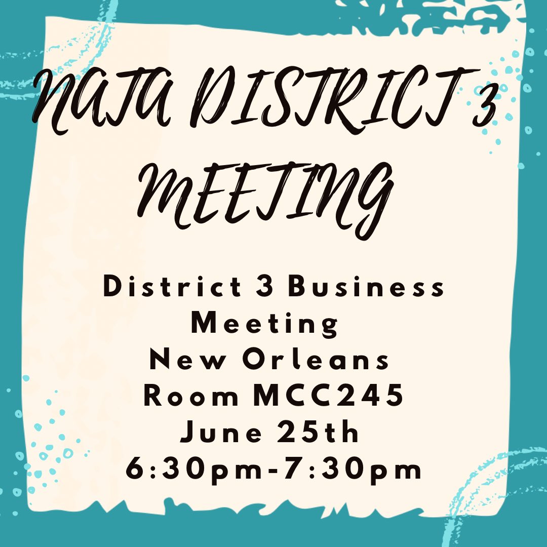 Going to NATA in New Orleans this month?! Don’t forget to come to our business meeting Tuesday, June 25th at 6:30pm -7:30pm in room MCC 245!! 
#D3MAATA #NATA1950