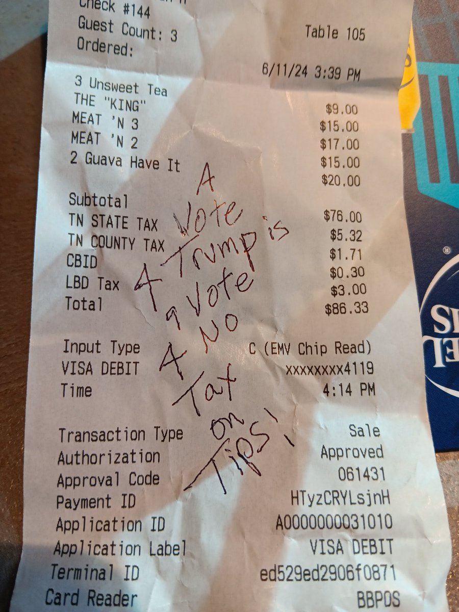 The next time you go out to eat or visit a bar, please tip 

&amp; write on the receipt, 

“Elect Trump &amp; you’ll keep 100% of your tips.” 

Take a picture &amp; let’s grow the trend. 

Trump Won’t Tax Tips 

h/t <a href="/TruthWarriorFJB/">Truth Warrior</a>