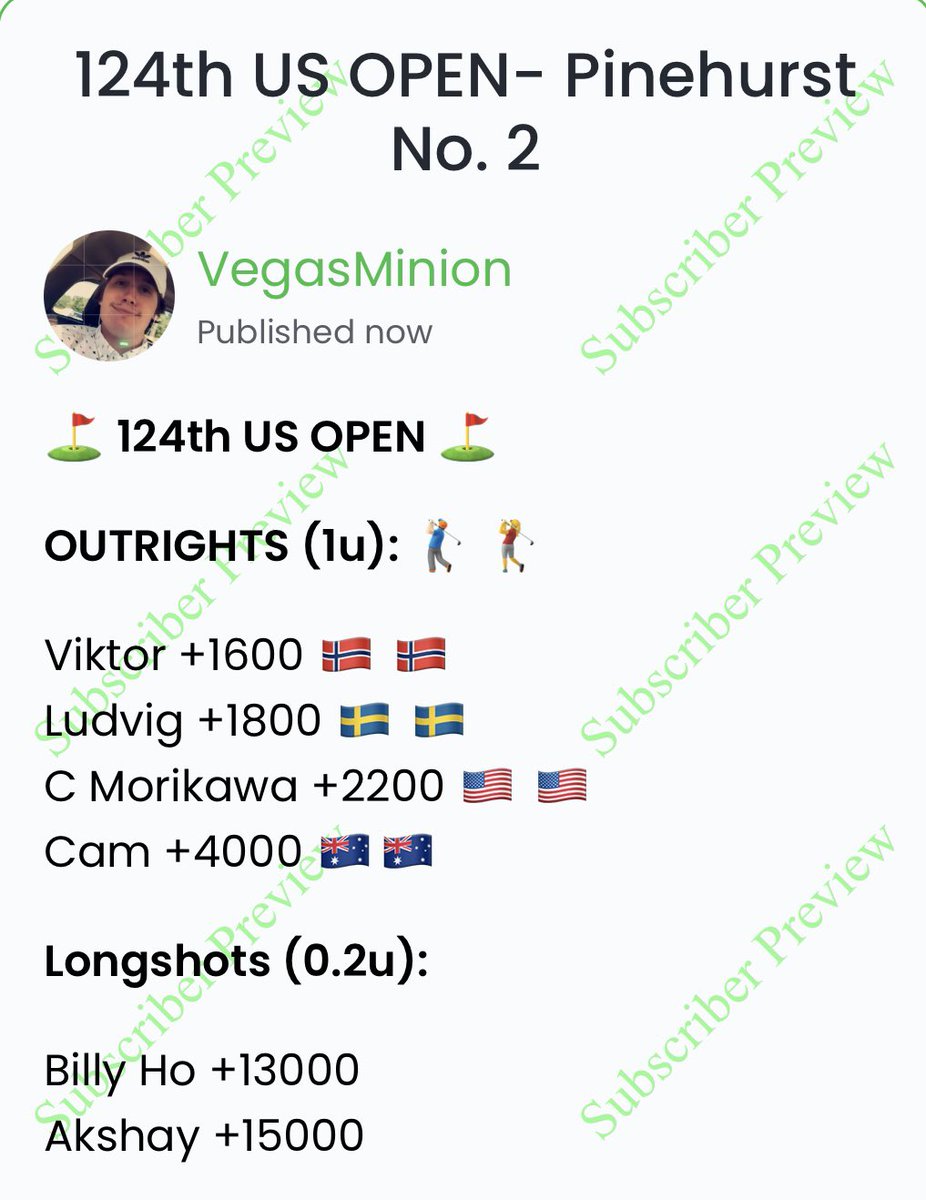 VegasMinion's tweet photo. ⛳️ 124th US OPEN- Pinehurst No 2⛳️

#USOPEN #PinehurstNumber2 #124thUSOPEN #Viktor #Ludvig #Morikawa #CamSmith #BillyHo #Akshay #Golf #Golfpicks https://t.co/Id3RyLoUHT