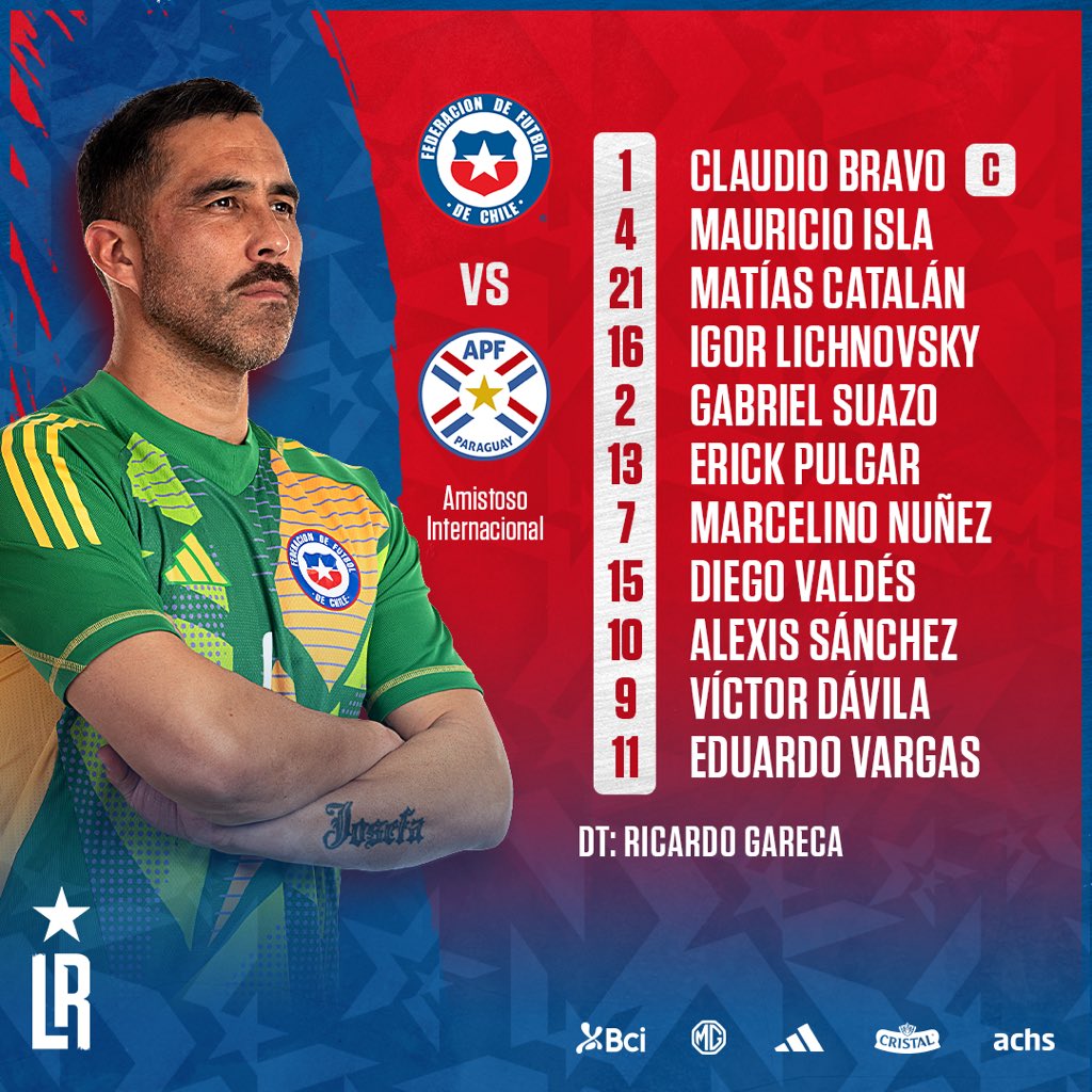 LaRoja's tweet photo. 📋 Formación de #LaRoja 🇨🇱✔️

Los elegidos por Ricardo Gareca para enfrentar a Paraguay. 

#VolvemosACasa #SomosLaRoja https://t.co/9avB97yKov