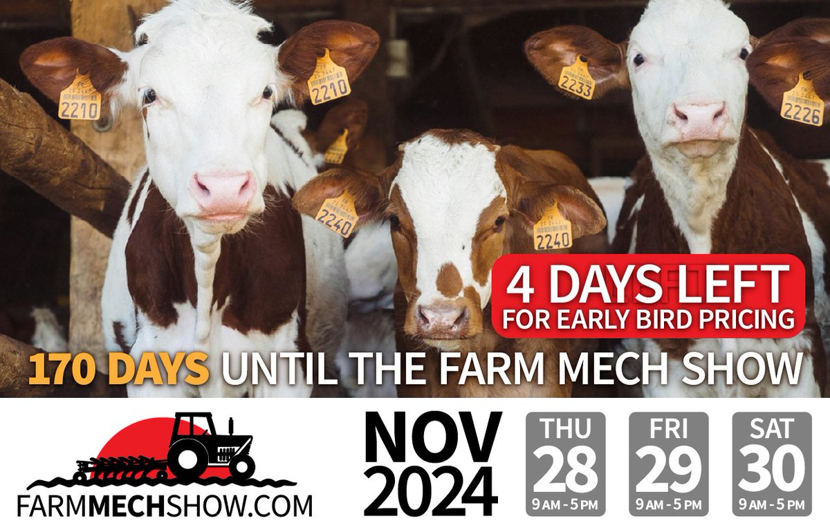 🚜 𝗔𝘁𝗹𝗮𝗻𝘁𝗶𝗰 𝗙𝗮𝗿𝗺 𝗠𝗲𝗰𝗵 𝗦𝗵𝗼𝘄 • NOV • 28, 29, &amp; 30 • 2024
𝟦 𝗗𝗔𝗬𝗦 left for Early Bird Pricing.
Get your booth application sent in by 𝗝𝘂𝗻𝗲 𝟭𝟱 
𝟭𝟳𝟬 𝗗𝗮𝘆𝘀 until the Atlantic Farm Mech Show @ the Moncton Coliseum. 
We are getting everything ready