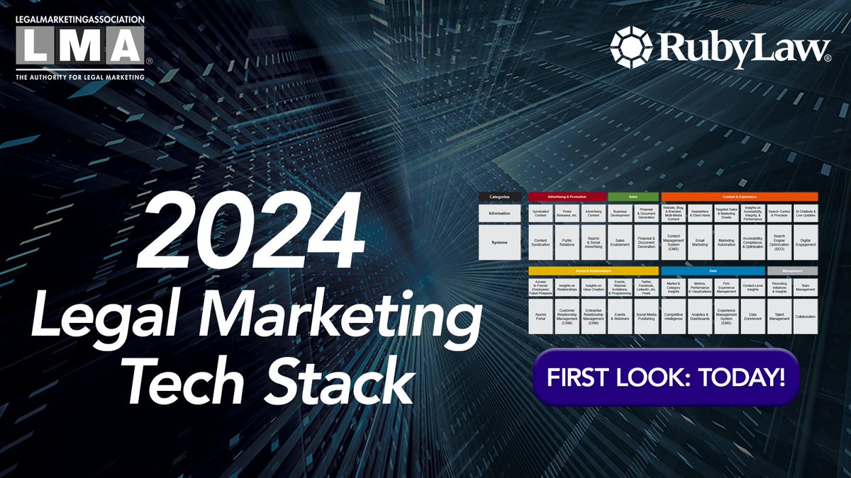 RubyLawCLM's tweet image. RubyLaw and the LMA are delighted to share a FIRST LOOK at this year's Legal Marketing Tech Stack Blueprint TODAY with participants in the 2024 initiative. 
If you participated and shared your email address with us, check your inbox for a copy. (If you didn't, stay tuned!)