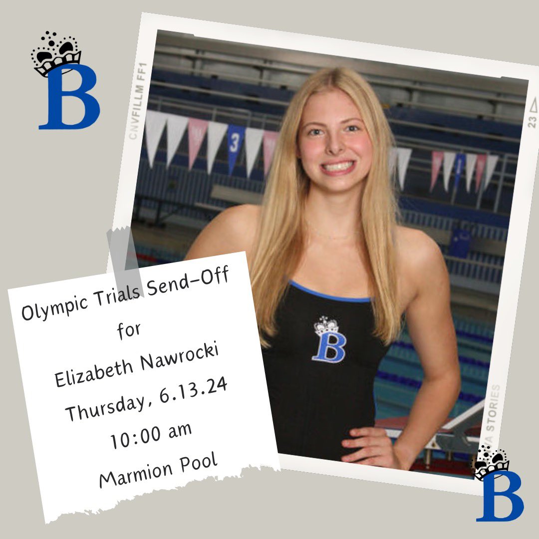 Join the Rosary community this Thursday, June 13, for a send off to wish the best luck to Elizabeth Nawrocki '25, Beads Swimmer,  as she leaves for Indianapolis to compete in the Olympic Swim Trials this weekend!

The reception will take place at 10:00 am at the Marmion pool.