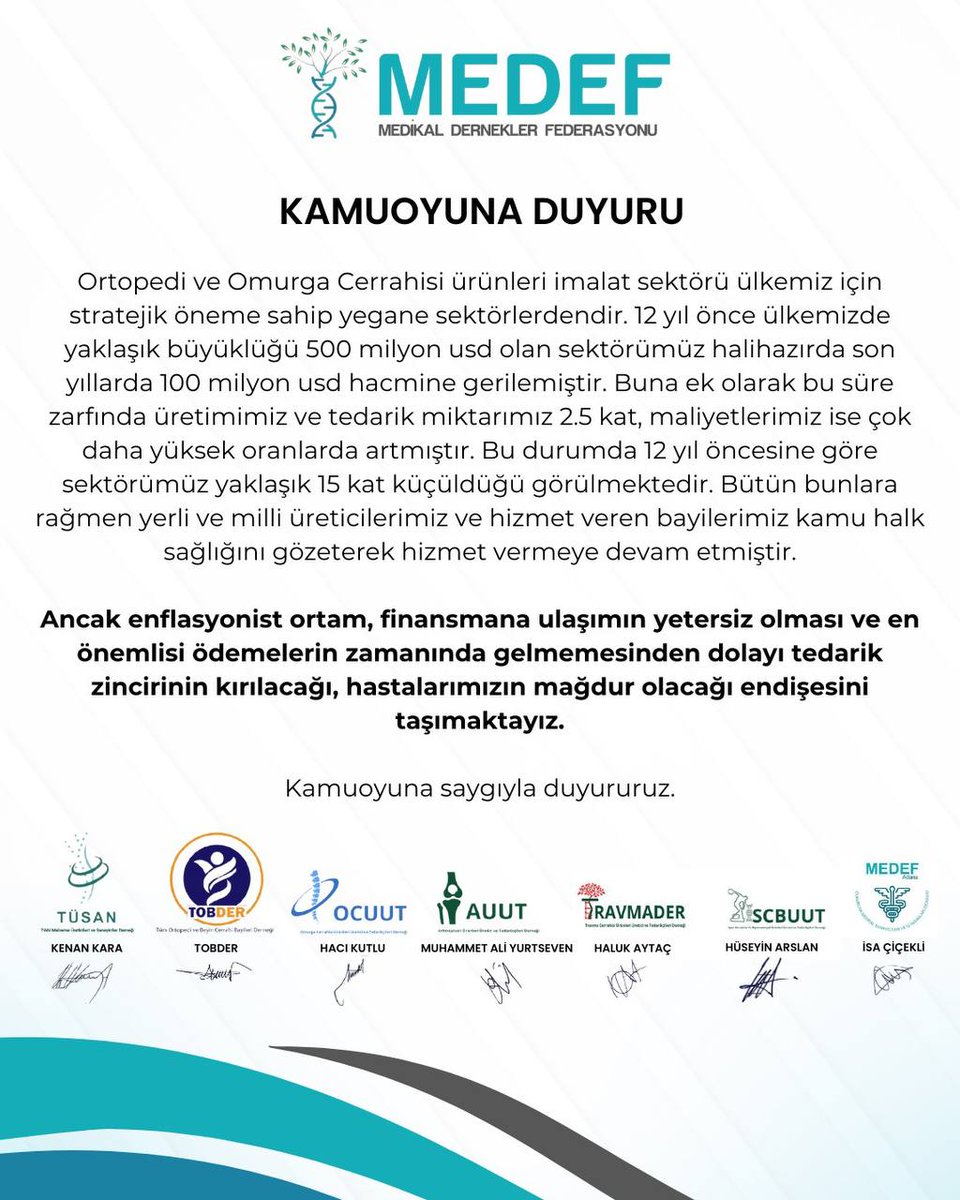 KAMUOYUNA DUYURU
10.06.2024

#sağlıkbakanlığı #hazinevemaliyebakanlığı #kamuhastanelerigenelmüdürlüğü #cumhurbaşkanlığı #tüsan #tobder #ocuut #auut #travmader #scbuut #medef