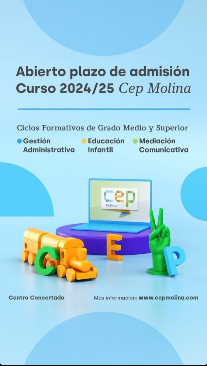 CepMolina's tweet photo. 📣 Abierto el plazo de admisión para el curso 2024-25.
#FP #FormaciónProfesional
#MolinaDeSegura #Murcia 

📎 Toda la información en nuestra web:
https://t.co/oonRynSaIC https://t.co/8yuqJ0gTCl