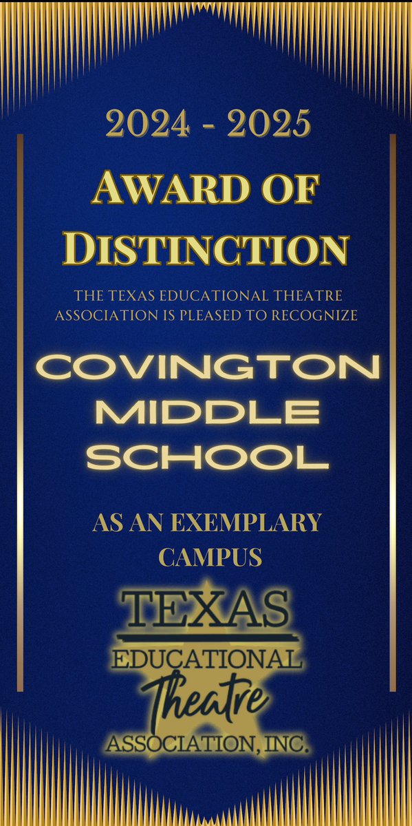 coltstheatre's tweet photo. Thank you Texas Educational Theatre Association for recognizing all the outstanding work that goes on here! We are so proud and honored to be recognized as an Exemplary Campus! @AustinISD @Matias_AISD @CovingtonMSFAA https://t.co/5CfKaWA3XW
