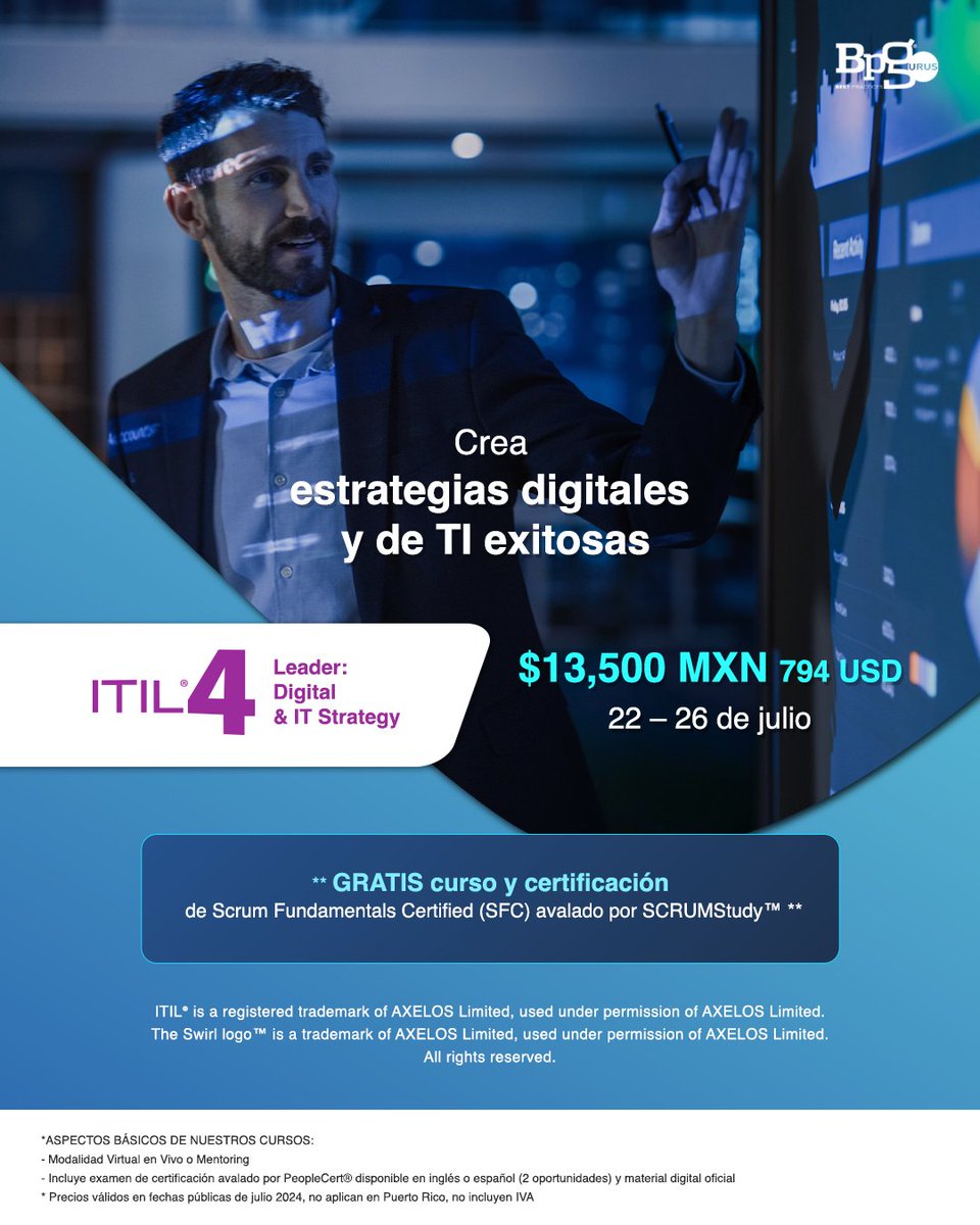 BPGurus's tweet photo. Explora enfoques innovadores para la prestación de servicios en esta era digital, ¡somos la empresa más involucrada en #ITIL4 en #Latinoamérica! ➡ 56 2157 4674 o info@bpgurus.com #ITIL #itil4certification #itil4leader https://t.co/qH0IzQbUhB