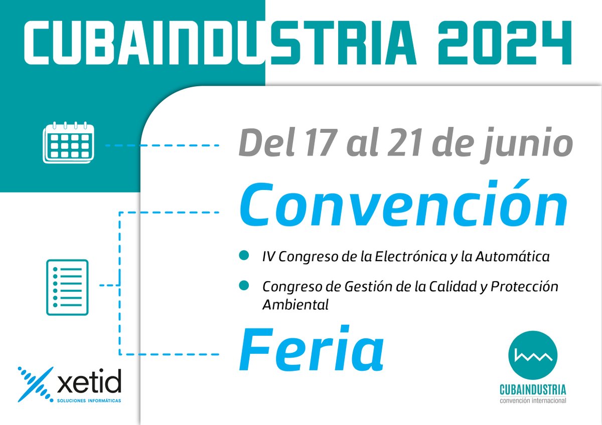 Se aproxima #CUBAINDUSTRIA2024  y #Xetid estará presente en este evento, con soluciones soberanas de gran impacto para la industria nacional, que contribuyen a optimizar procesos, aumentar la eficiencia, mejorar la toma de decisiones y fomentar la innovación.