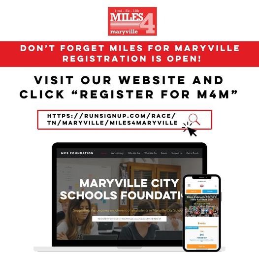 Don't wait: sign up for #Miles4Maryville today! 🏃‍♀️

Click on the link in our bio and type in the code EARLYBIRD5 to get a discount for early registration! 🌟

#M4M | #MCSF | #MaryvilleTN
