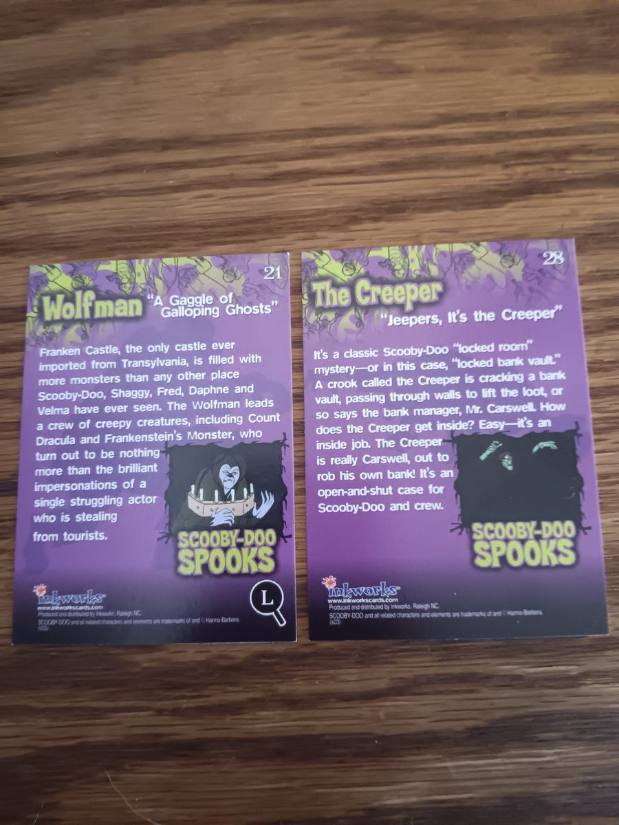 kidwell_sean2's tweet image. Scooby-Doo Spooks 21 Wolfman( A Gaggle of Galloping Ghosts) &amp;amp; Scooby-Doo Spooks 28 The Creeper (Jeepers, It's the Creeper) from Inkworks Scooby-Doo! Mysteries And Monsters Premium Trading Cards #tradingcardtuesday