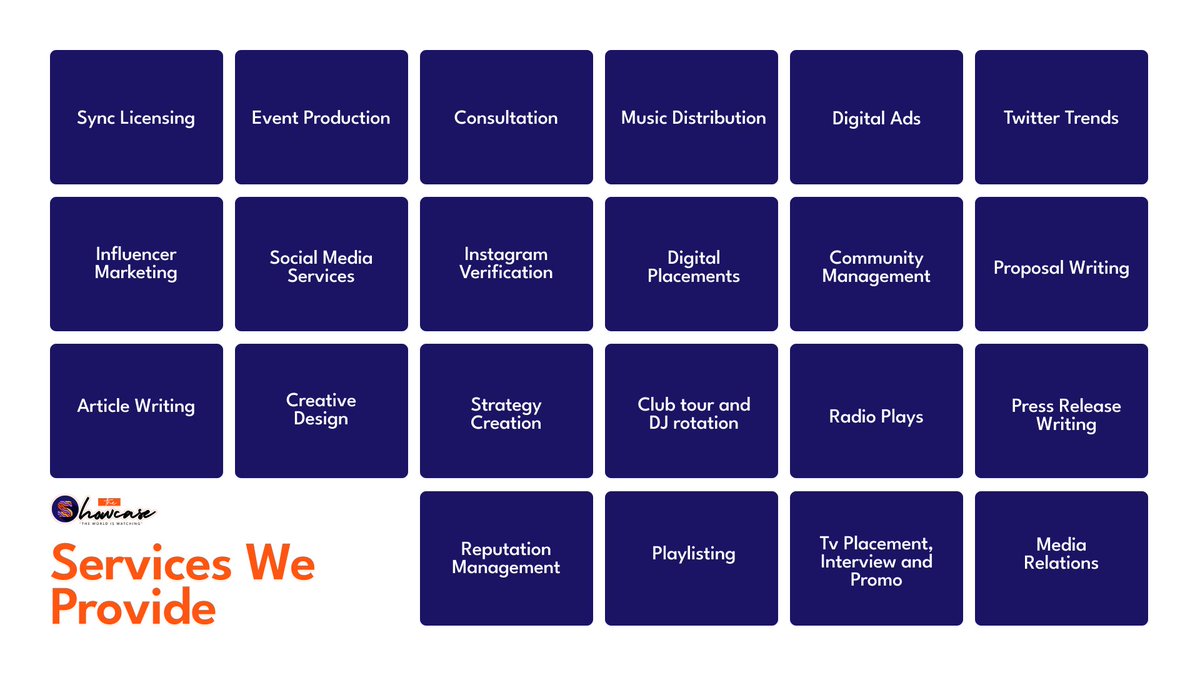 TheShowcaseEnt's tweet photo. @EmpathyGains We promote and music artiste and brands and we offer the following services. Feel free to send us a message for a free consultation. https://t.co/68tI2hCi4x