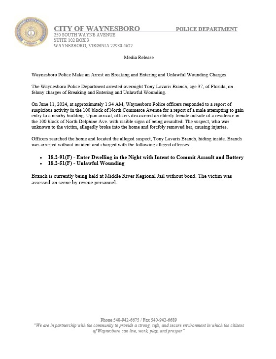 WPD_VA's tweet photo. Waynesboro Police Make an Arrest on Breaking and Entering and Unlawful Wounding Charges

The Waynesboro Police Department arrested overnight Tony Lavaris Branch, age 37, of Florida, on felony charges of Breaking and Entering and Unlawful Wounding. https://t.co/GM38HO9AAn