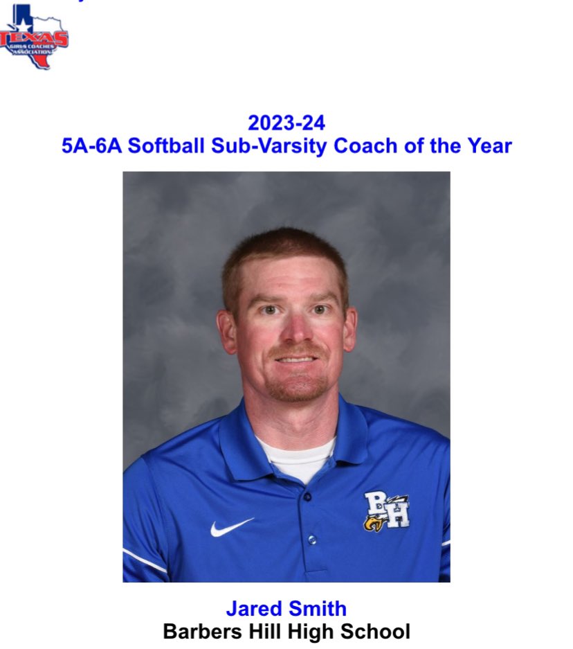 Congratulations to our own <a href="/JSmitty2107/">Jared Smith</a> on his <a href="/AustinTGCA/">TGCA</a> 
Sub-Varsity Coach of the Year award!!! Nobody works harder or is more deserving of this award!! <a href="/BH_Athletics/">Barbers Hill Athletics</a> <a href="/barbers_hillhs/">Barbers Hill HS</a> <a href="/BHISD/">Barbers Hill ISD</a>