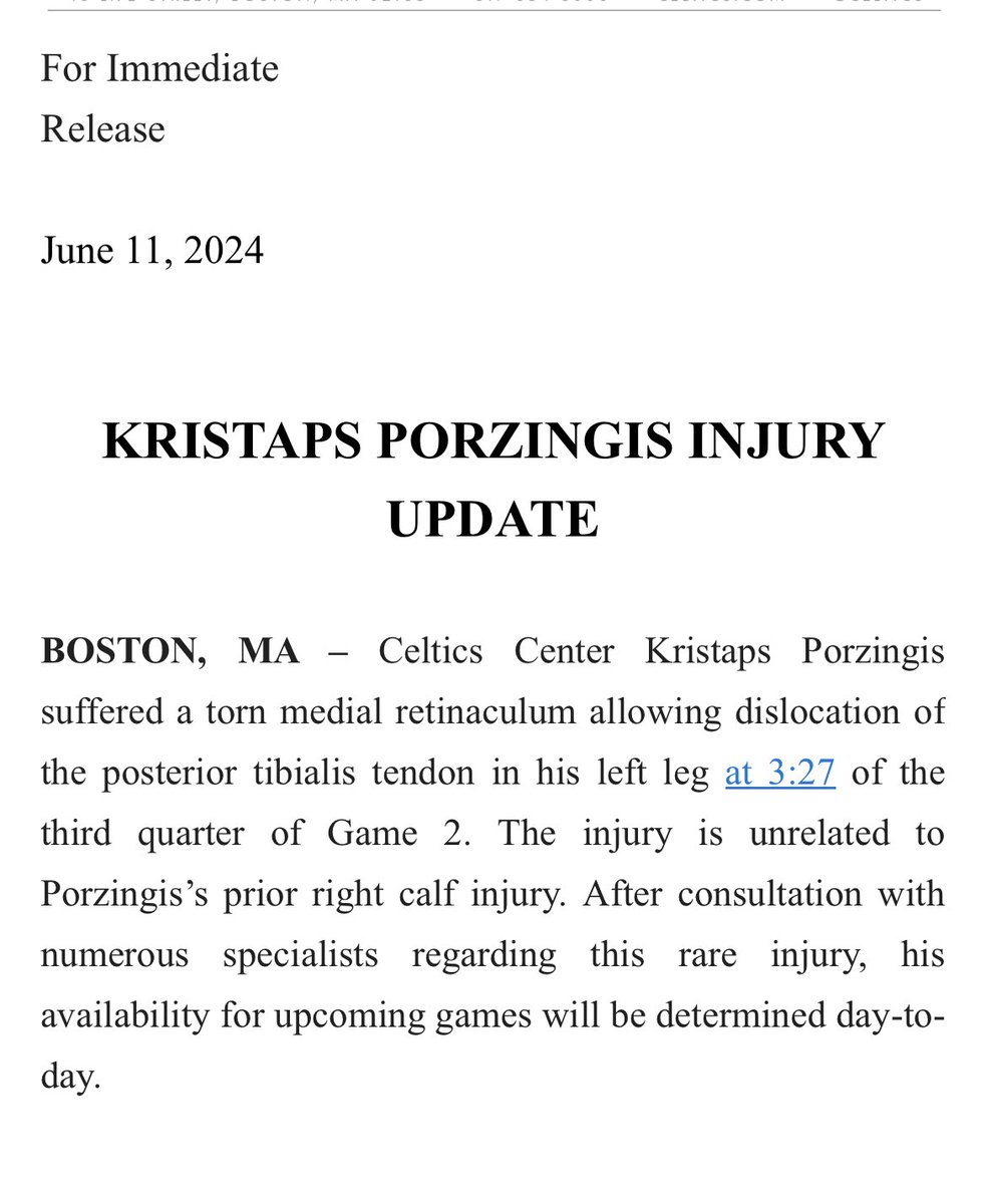 The ⁦<a href="/celtics/">Boston Celtics</a>⁩ just provided this update on Kristaps Porzingis injury ⁦<a href="/NBC10/">NBC 10 WJAR</a>⁩