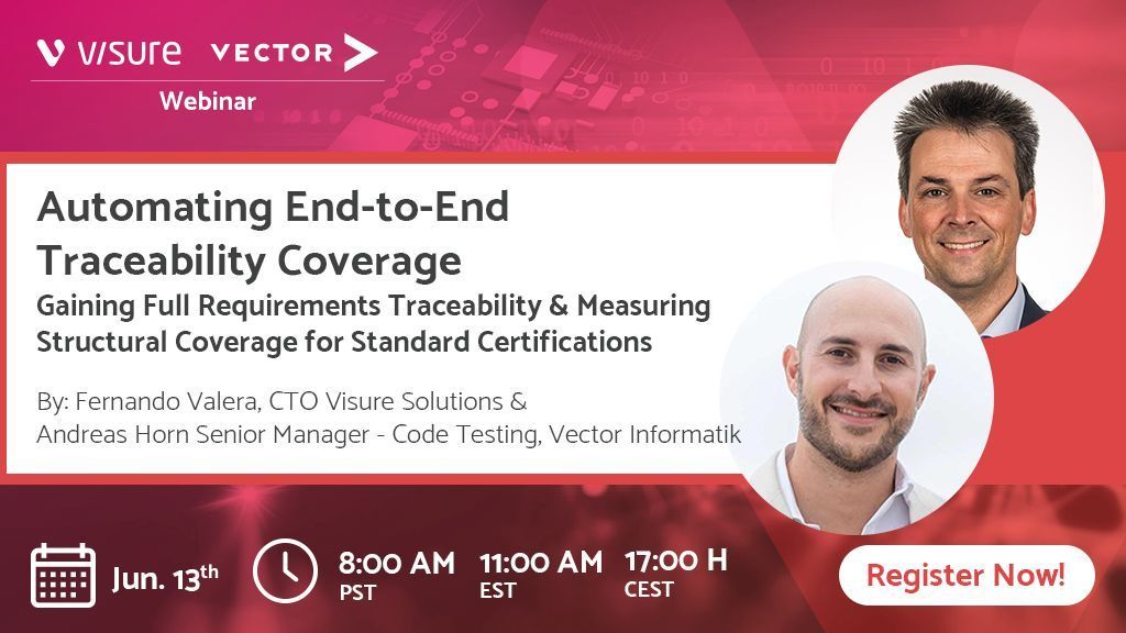 🚀 Final Call to sign up for the Free Webinar, “Automating End-to-End Traceability Coverage" with Fernando Valera, CTO of Visure Solutions, and Andreas Horn, Senior Code Testing Manager at Vector Informatik on June 13th, 2024! 

🔗 Book Your Slot Now! - buff.ly/3VfJ6QS