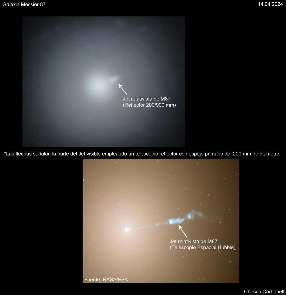 ChescoCarbonell's tweet photo. El Jet Relativista de la galaxia M87 fotografiado con un reflector de 8" de aficionado.. 📷 realizadas desde Pontons, Barcelona. #M87 #Jet #astronomia #astronomy #astrofotografia #astrophotography #Pontons #Barcelona #telescopio #telescope #cielosEsa #messier87 #ESA #NASA https://t.co/9keshDav7k