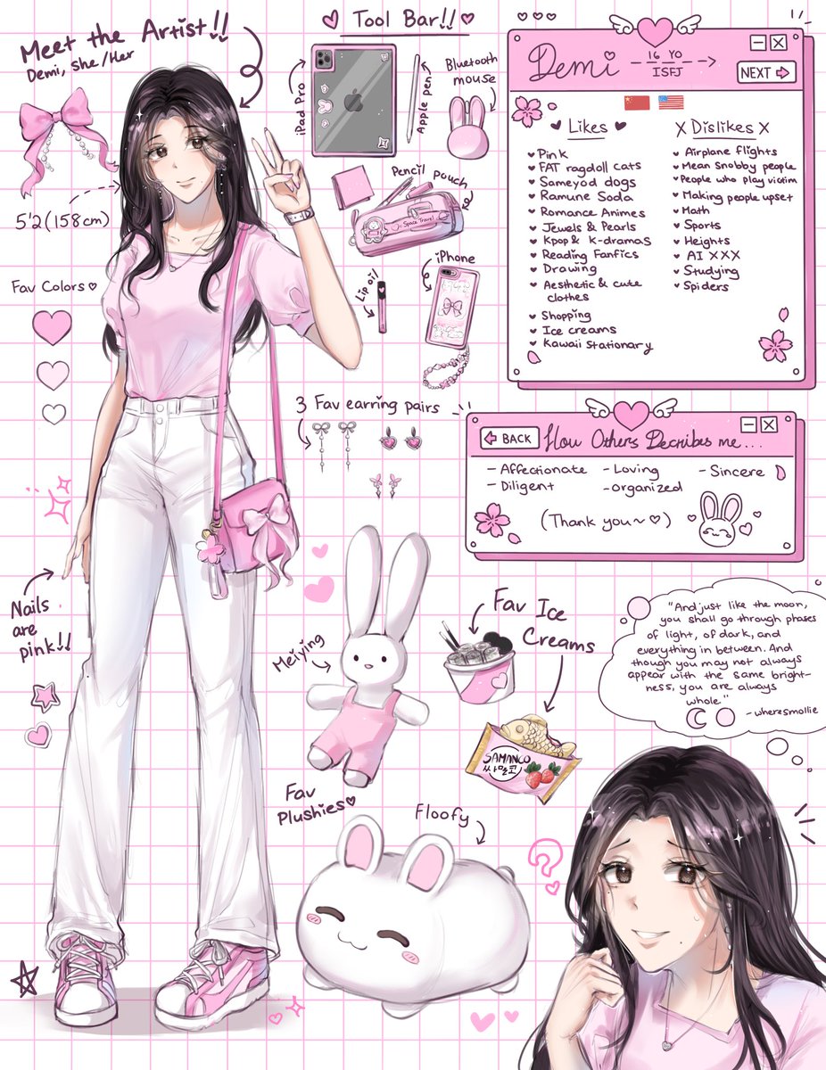 Hallo~ my name is Demi, nice to meet you! 🩷🌸

I’m a mediocre procreate artist that is happy to meet any new art moots 🫶🫶 

The following thread has info on:
- My persona (+Different outfit refs)
- Commission details
- Interests

#artmoots 🩷