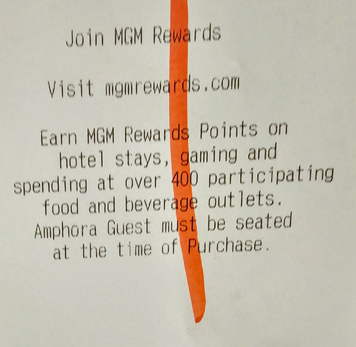 HurdyGurdyTravl's tweet photo. The receipt reads, "Amphora Guest must be seated at the time of Purchase."

Why are guest and purchase capitalized?

Guests aren't seated at the time of purchase. I was seated shortly after my purchase. Odd wording...

#RIPdarryl #milesandpoints #pointsandmiles #atlanticcity https://t.co/OivJG6pijC