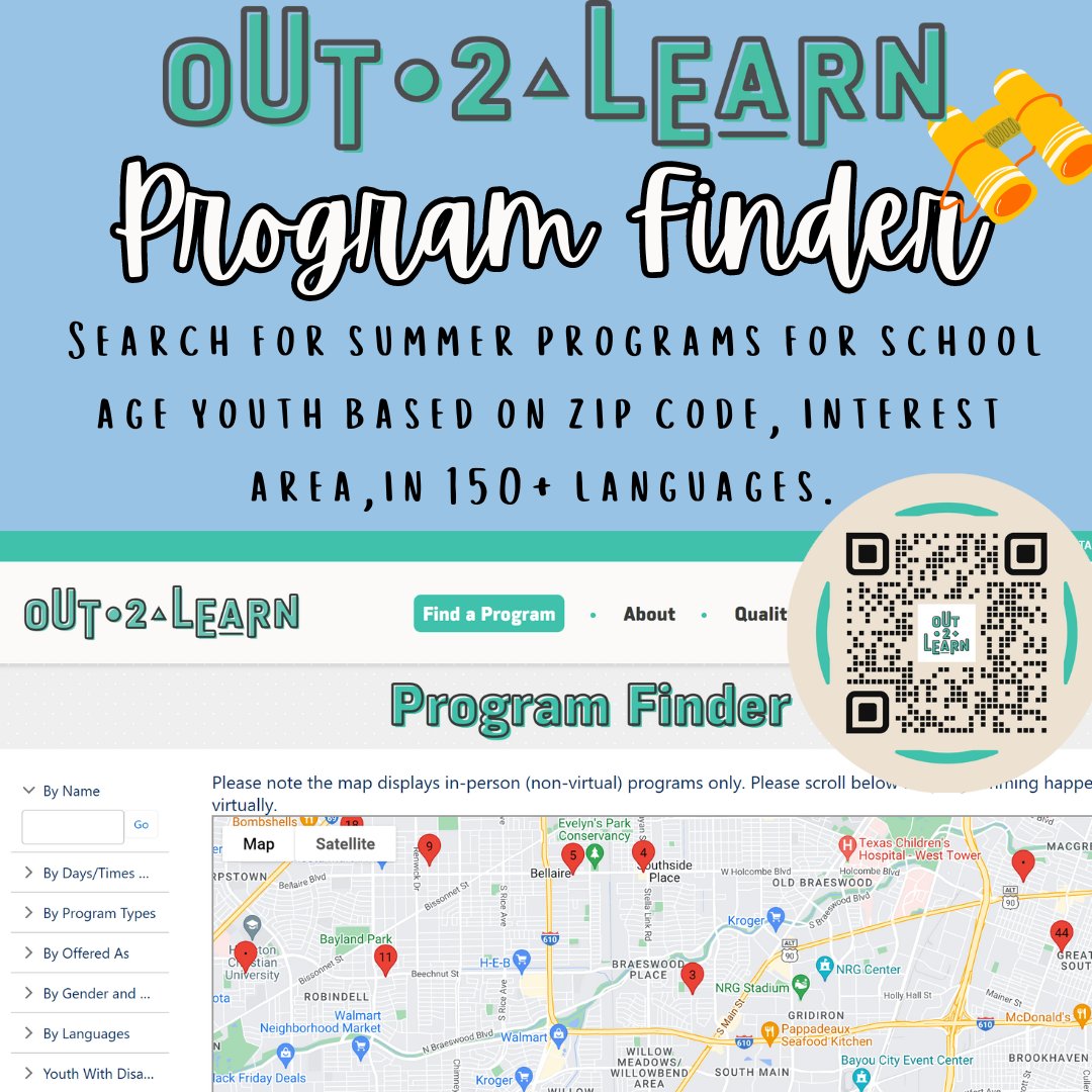 Out2LearnHOU's tweet image. Looking for a summer program in HTX? Visit our site &amp;amp; use our Program Finder Tool! Search for K-12 programs by zip code, interest area, &amp;amp; more! Click on the specific program entry for program specific info
Visit out2learnhou.org or scan the QR code   #OST #O2L #Summercamp