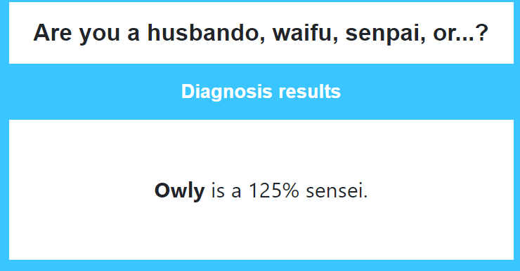 Artificer_Owl's tweet photo. Apparently I'm 125% sensei. ๐คฃ
Harem where at? /jk
#TheMeter #shindanmaker
https://t.co/RUYhkOdoza https://t.co/ImQ685yiP6