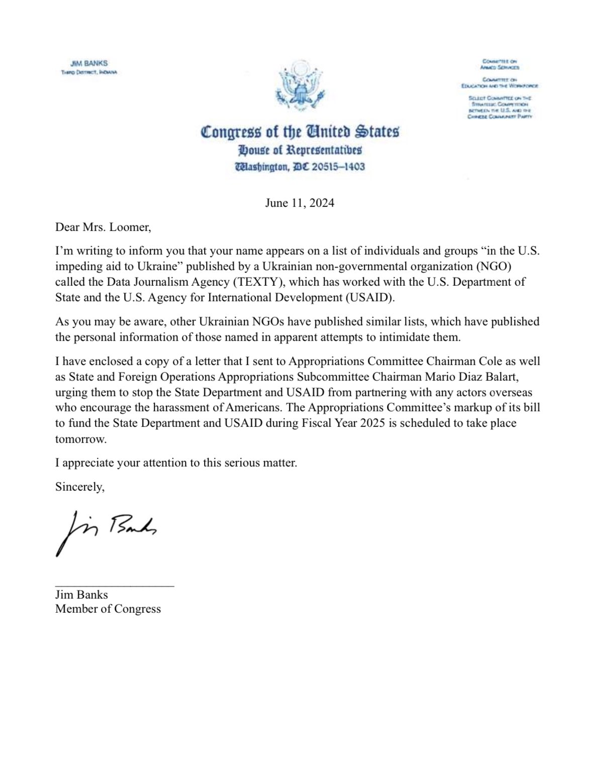Laura Loomer Receives Letter From U.S. Congress Warning Her About Being Placed On US Government Affiliated Ukrainian Web Publication “Data Journalism Agency” Enemy List