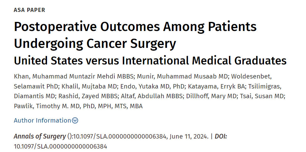 Muntazirmehdik's tweet photo. Thrilled to announce that our paper on IMG surgeons in the US and their outcomes, is now published in the Annals of Surgery! IMGs doing equally well as USMGs. 
Huge thanks to @timpawlik for the mentorship and support. 

#IMG #Surgery #Outcomes 
https://t.co/ceAy1shuWH https://t.co/Kpek5RxKWh